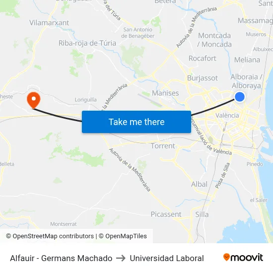 Alfauir - Germans Machado to Universidad Laboral map