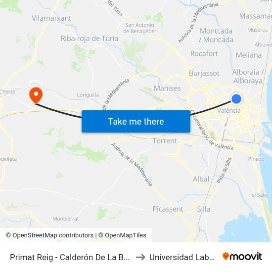 Primat Reig - Calderón De La Barca to Universidad Laboral map