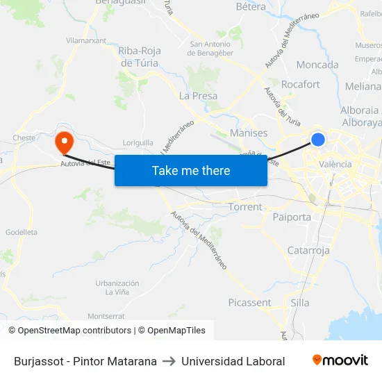 Burjassot - Pintor Matarana to Universidad Laboral map
