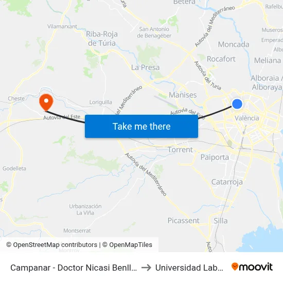 Campanar - Doctor Nicasi Benlloch to Universidad Laboral map