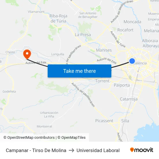 Campanar - Tirso De Molina to Universidad Laboral map
