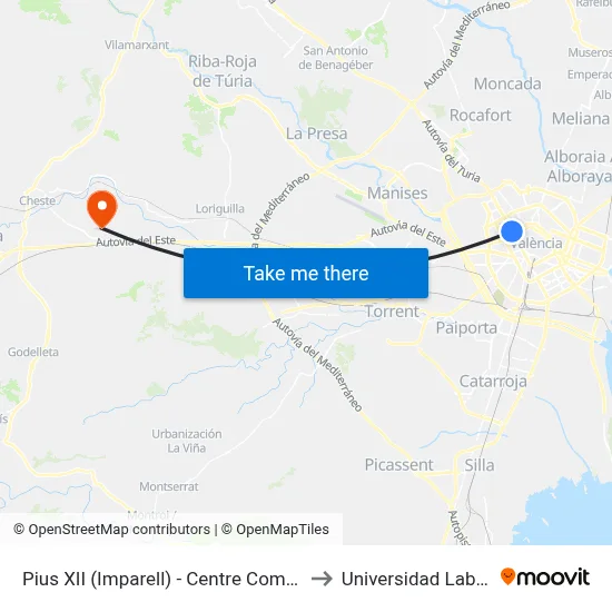 Pius XII (Imparell) - Centre Comercial to Universidad Laboral map