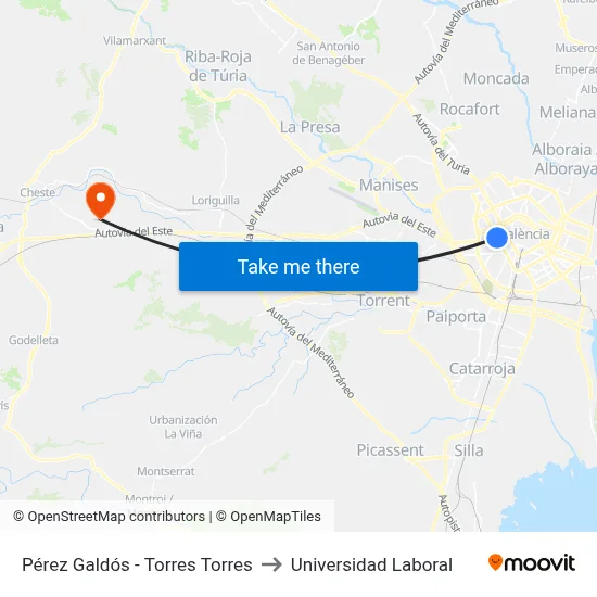 Pérez Galdós - Torres Torres to Universidad Laboral map