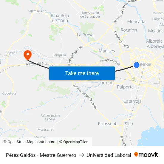 Pérez Galdós - Mestre Guerrero to Universidad Laboral map