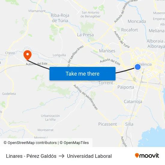Linares - Pérez Galdós to Universidad Laboral map