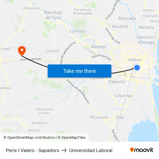 Peris I Valero - Sapadors to Universidad Laboral map