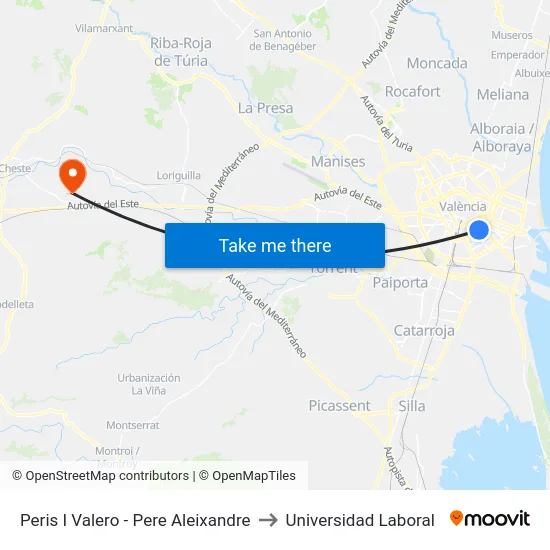 Peris I Valero - Pere Aleixandre to Universidad Laboral map