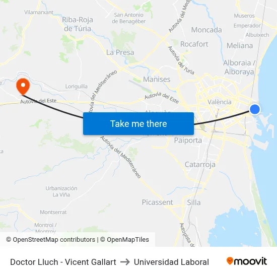 Doctor Lluch - Vicent Gallart to Universidad Laboral map