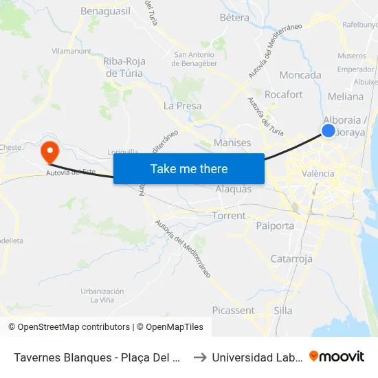 Tavernes Blanques - Plaça Del Mercat to Universidad Laboral map