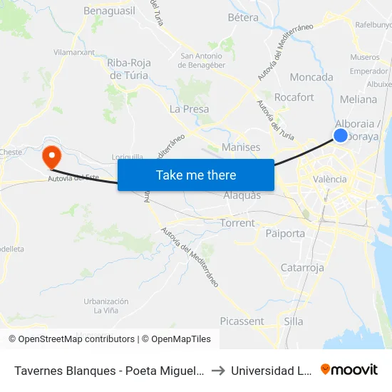 Tavernes Blanques - Poeta Miguel Hernández to Universidad Laboral map