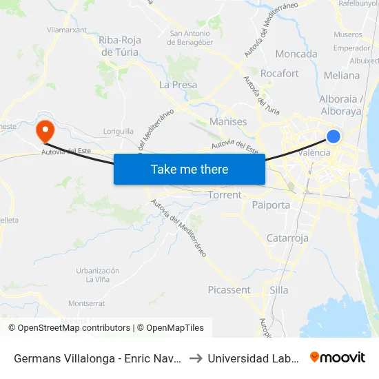 Germans Villalonga - Enric Navarro to Universidad Laboral map