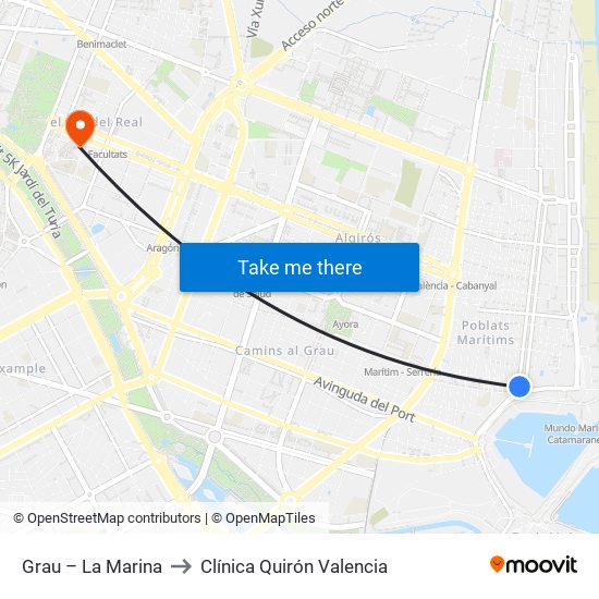Grau – La Marina to Clínica Quirón Valencia map