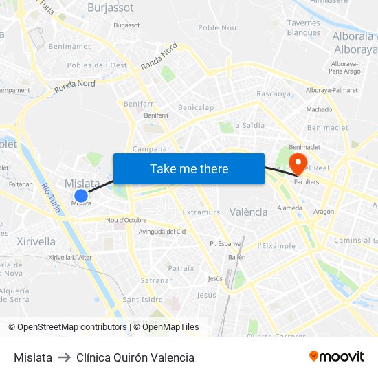 Mislata to Clínica Quirón Valencia map