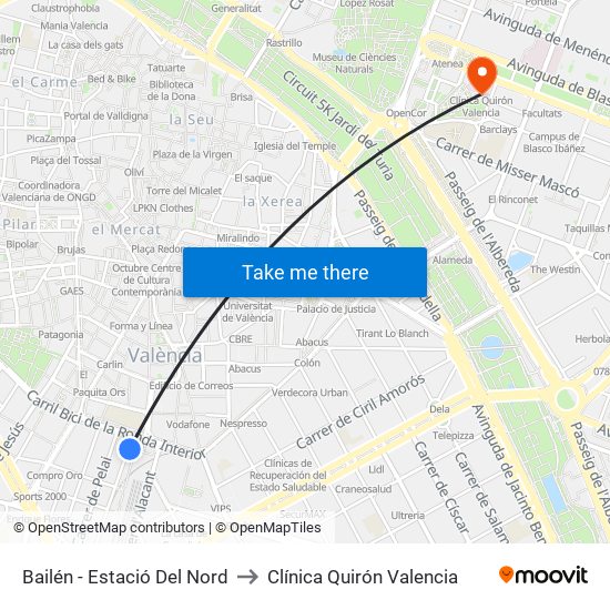 Bailén - Estació Del Nord to Clínica Quirón Valencia map