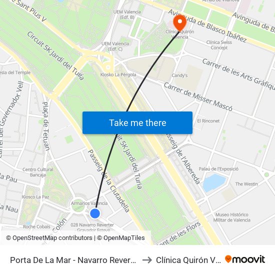 Porta De La Mar - Navarro Reverter (Imparell) to Clínica Quirón Valencia map