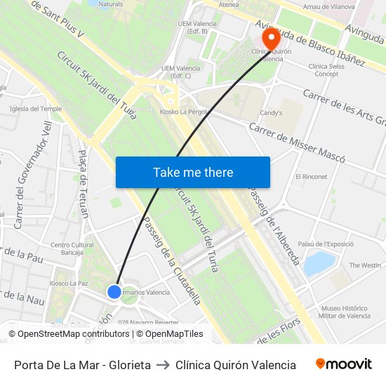 Porta De La Mar - Glorieta to Clínica Quirón Valencia map