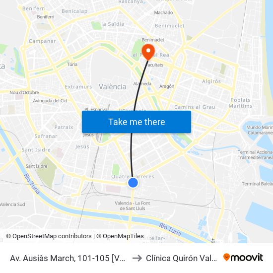 Av. Ausiàs March, 101-105 [València] to Clínica Quirón Valencia map