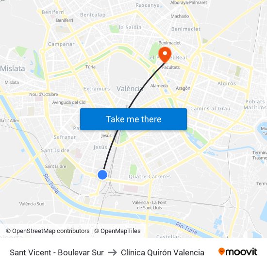 Sant Vicent  - Boulevar Sur to Clínica Quirón Valencia map