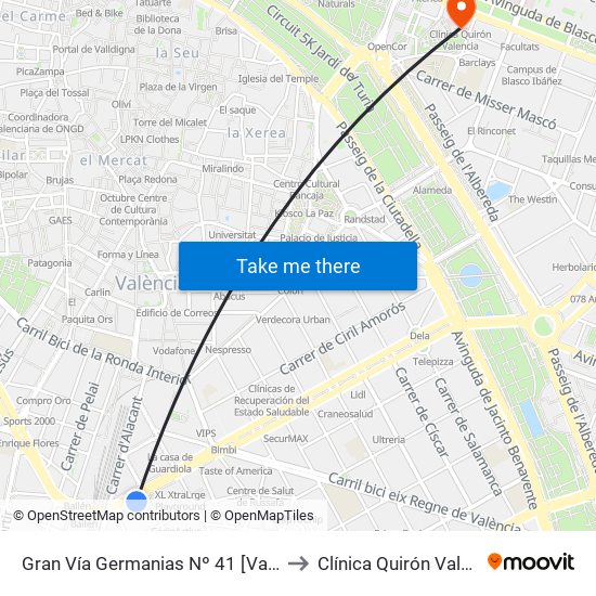 Gran Vía Germanias Nº 41 [València] to Clínica Quirón Valencia map
