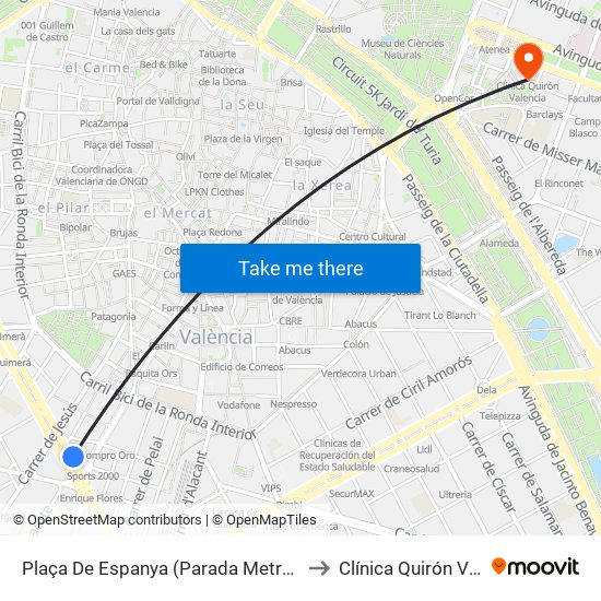 Plaça De Espanya (Parada Metro) [València] to Clínica Quirón Valencia map