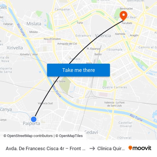 Avda. De Francesc Cisca 4r – Front Metro De Paiporta [Paiporta] to Clínica Quirón Valencia map