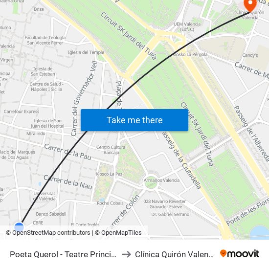 Poeta Querol - Teatre Principal to Clínica Quirón Valencia map