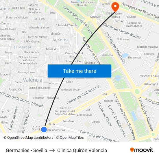 Germanies - Sevilla to Clínica Quirón Valencia map