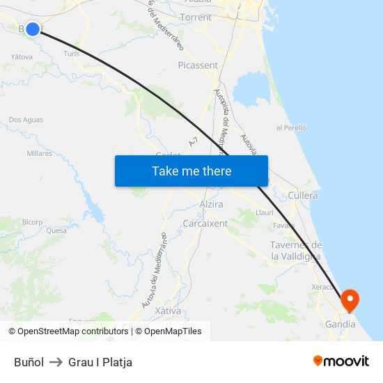 Buñol to Grau I Platja map