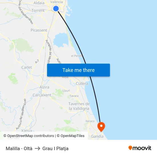 Malilla - Oltà to Grau I Platja map