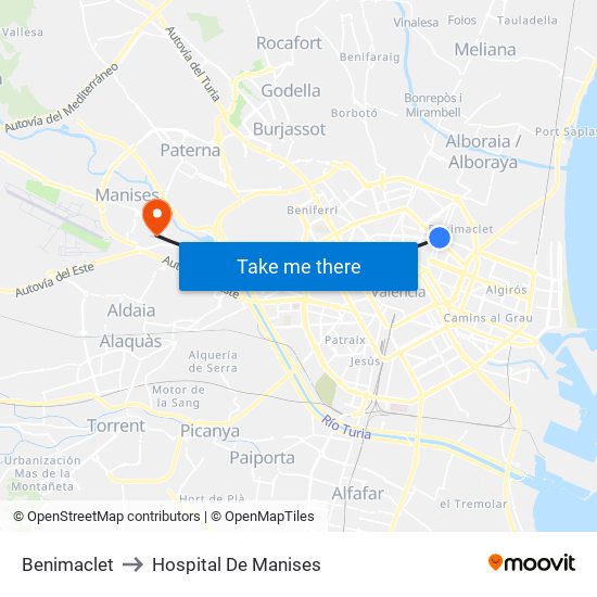 Benimaclet to Hospital De Manises map