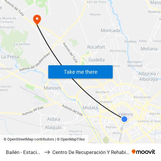 Bailén - Estació Del Nord to Centro De Recuperación Y Rehabilitación De Levante map