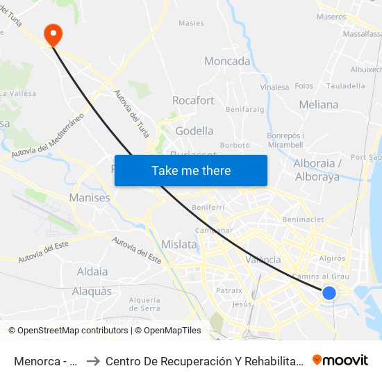 Menorca - França to Centro De Recuperación Y Rehabilitación De Levante map