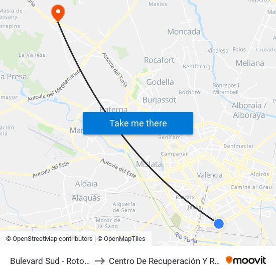 Bulevard Sud - Rotonda Ausiàs March to Centro De Recuperación Y Rehabilitación De Levante map