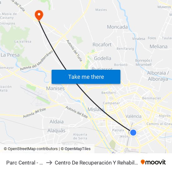 Parc Central - Centelles to Centro De Recuperación Y Rehabilitación De Levante map