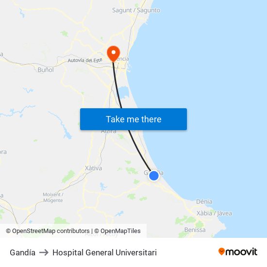 Gandía to Hospital General Universitari map