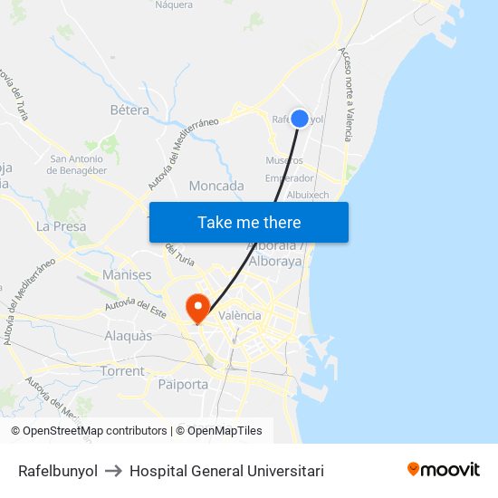 Rafelbunyol to Hospital General Universitari map