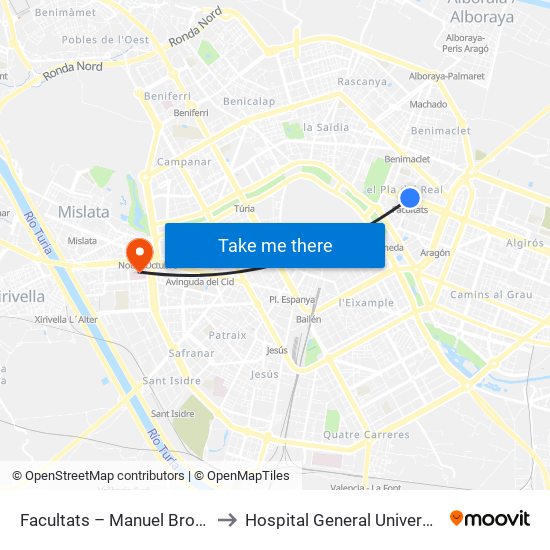 Facultats – Manuel Broseta to Hospital General Universitari map