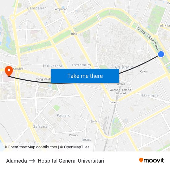 Alameda to Hospital General Universitari map