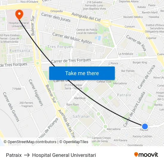 Patraix to Hospital General Universitari map