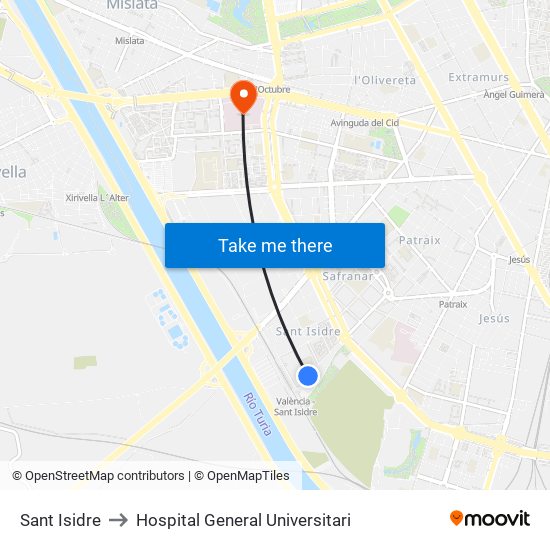 Sant Isidre to Hospital General Universitari map