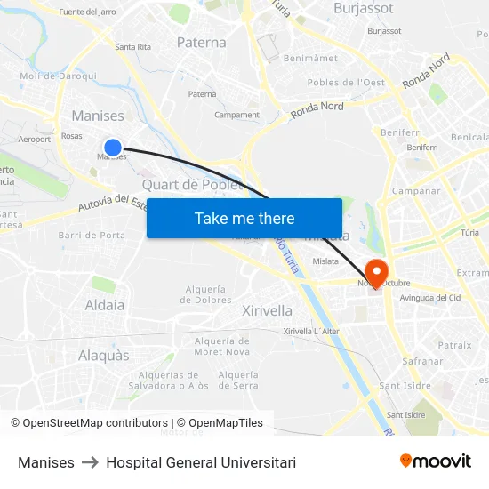 Manises to Hospital General Universitari map