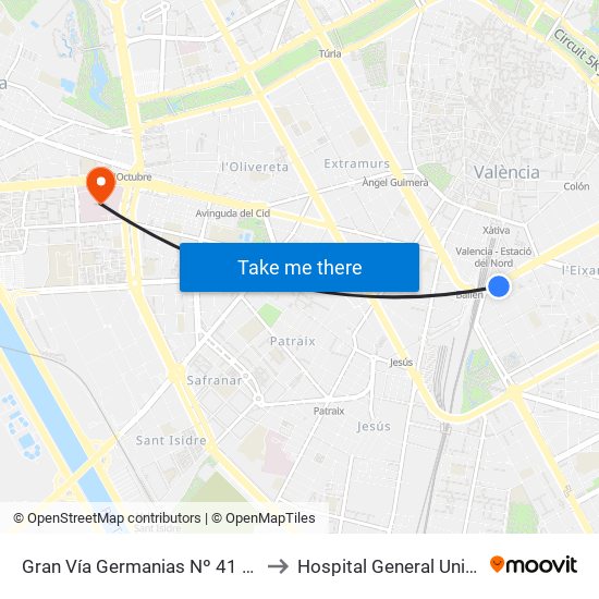 Gran Vía Germanias Nº 41 [València] to Hospital General Universitari map
