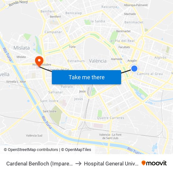 Cardenal Benlloch (Imparell) - Port to Hospital General Universitari map