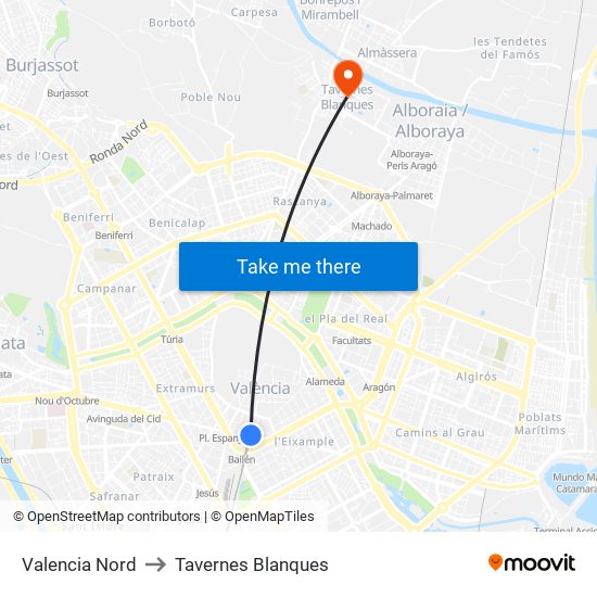 Valencia Nord to Tavernes Blanques map