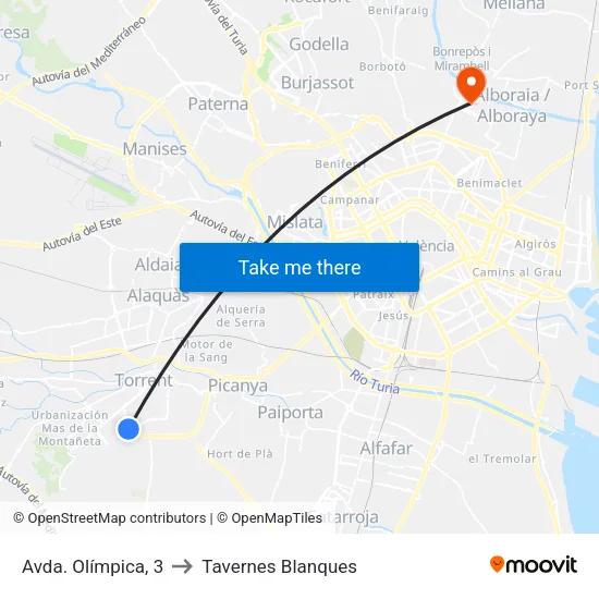 Olímpica to Tavernes Blanques map