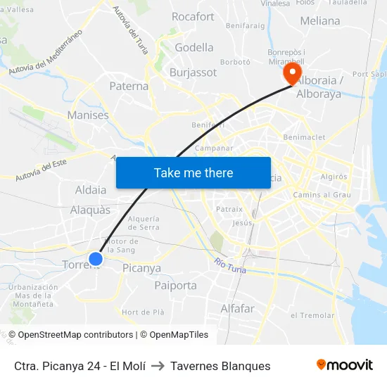 Torrent. Ctra. Picanya 24 (El Molí) to Tavernes Blanques map