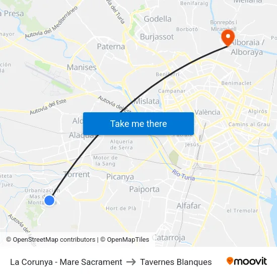 La Corunya - Mare Sacrament to Tavernes Blanques map