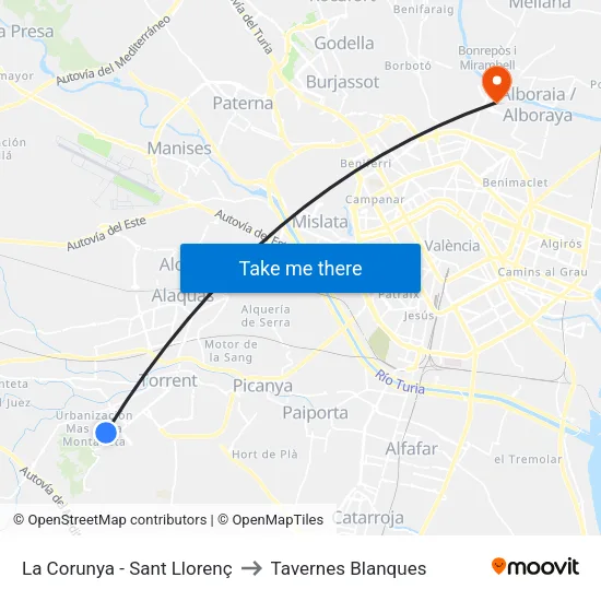 La Corunya - Sant Llorenç to Tavernes Blanques map