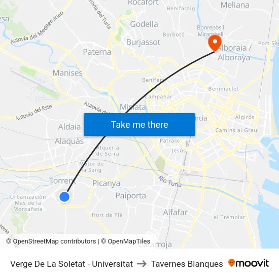 Verge De La Soletat - Universitat to Tavernes Blanques map