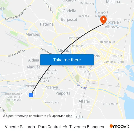Vicente Pallardó - Parc Central to Tavernes Blanques map